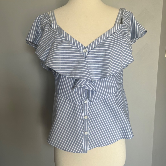Veronica Beard Grant Multiway  Striped Ruffle Cold Shoulder Cocktail Blouse Top - Picture 5 of 11